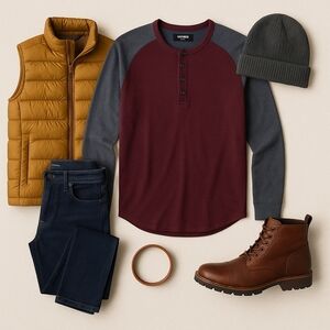 Murano Burgundy & Gray Long Sleeve Henley Shirt XL Slim Fit